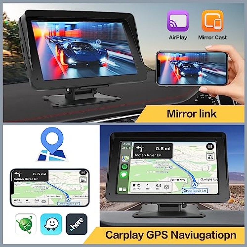 무선 Apple Carplay 휴대용 자동차 스테레오, 7인치 IPS 터치스크린 Apple Car Play 라디오 Android Auto, 대시 마운트가 있는 미러 링크/블루투스/내비게이션/음성 제어 모든 차량용 분리형 차양