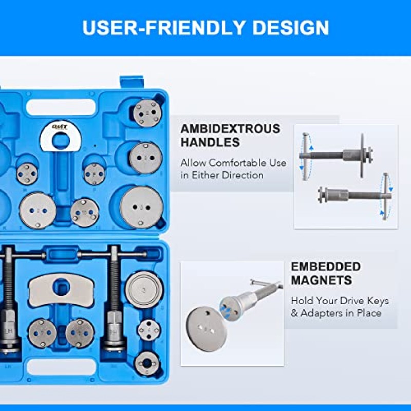 OMT 32pc 듀얼 브레이크 도구, 2 in 1 캘리퍼 압축 도구 및 드럼 브레이크 도구 키트, 브레이크 캘리퍼 도구 키트 및 브레이크 스프링 도구가 포함된 드럼 브레이크 도구 압축기 플라이어 설치 제거제