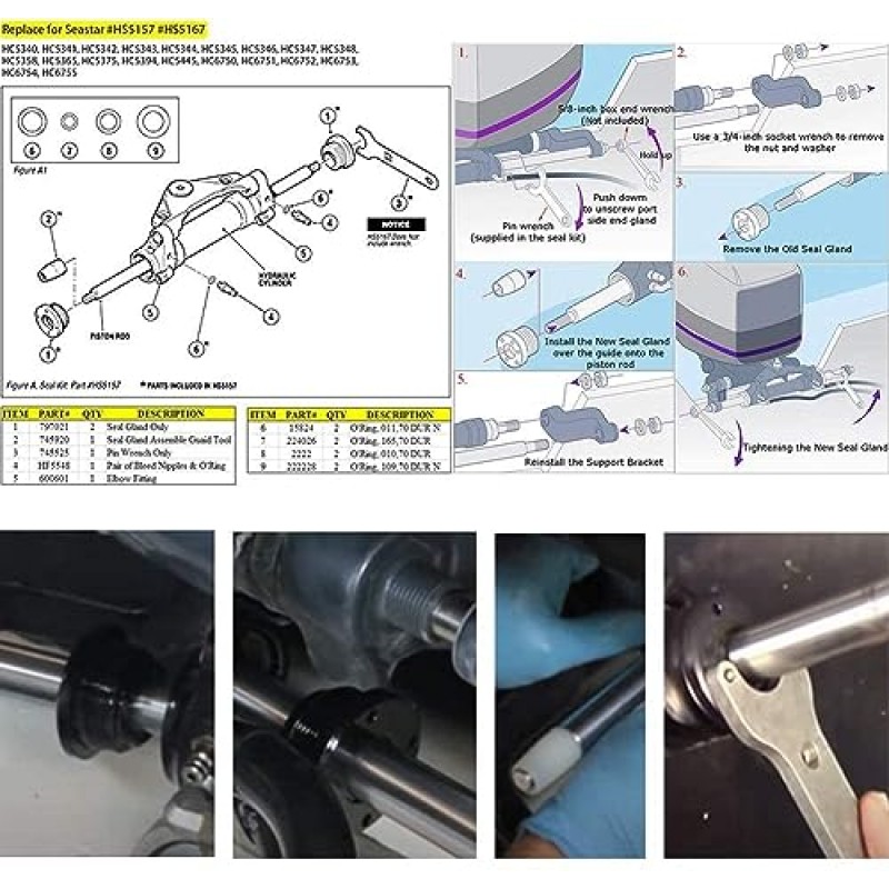 Seastar 프론트 마운트 유압 스티어링 실린더 씰 키트 #HS5157 및 스티어링 지지 브래킷 풀러에 적합