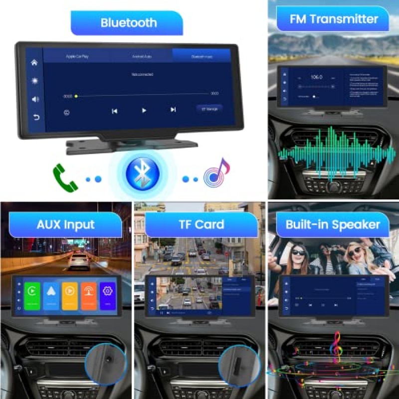2023년 최신 10.3인치 무선 CarPlay 휴대용 자동차 스테레오(1080P 백업 카메라 포함) - 무선 안드로이드 자동 화면, 음성 제어, 64G TF 카드, AUX 케이블
