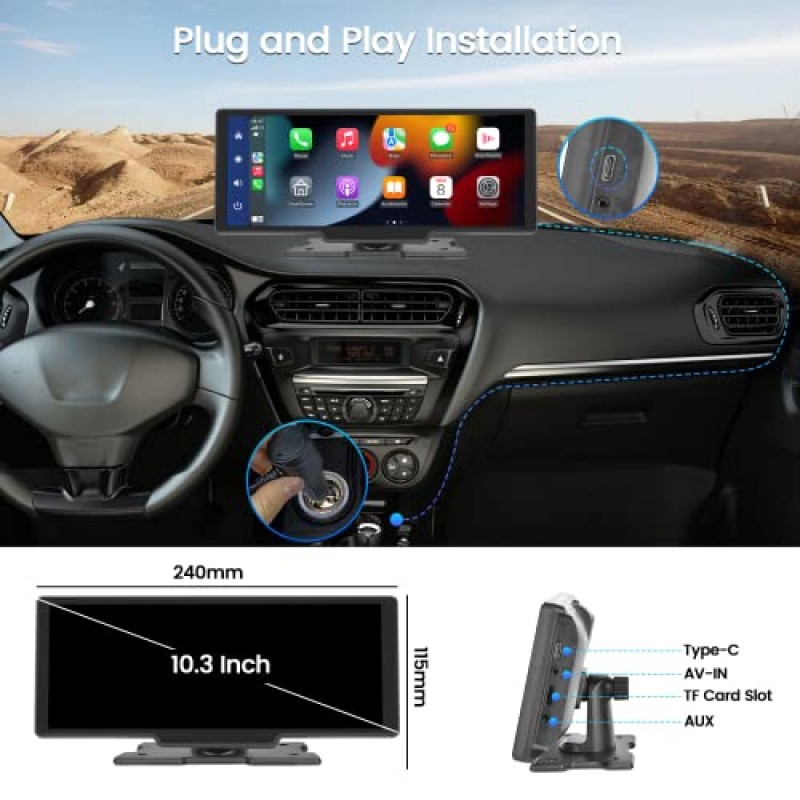 2023년 최신 10.3인치 무선 CarPlay 휴대용 자동차 스테레오(1080P 백업 카메라 포함) - 무선 안드로이드 자동 화면, 음성 제어, 64G TF 카드, AUX 케이블