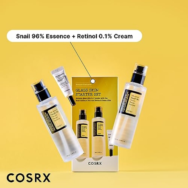 코스알엑스 글라스 스킨 스타터 세트, 어드밴스드 스네일 96 뮤신 파워 에센스(1.69 fl.oz*2) & 레티놀 0.1 크림 미니(0.1 온스), 초보자를 위한 데일리 하이드레이팅 & 퍼밍 스킨케어 키트, 선물 세트, 한국 스킨케어