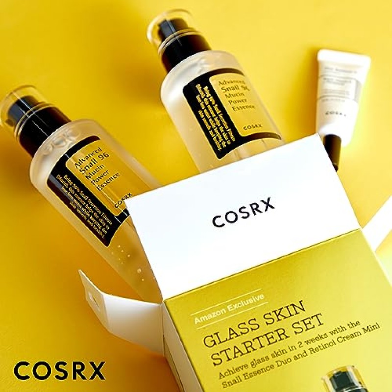 코스알엑스 글라스 스킨 스타터 세트, 어드밴스드 스네일 96 뮤신 파워 에센스(1.69 fl.oz*2) & 레티놀 0.1 크림 미니(0.1 온스), 초보자를 위한 데일리 하이드레이팅 & 퍼밍 스킨케어 키트, 선물 세트, 한국 스킨케어