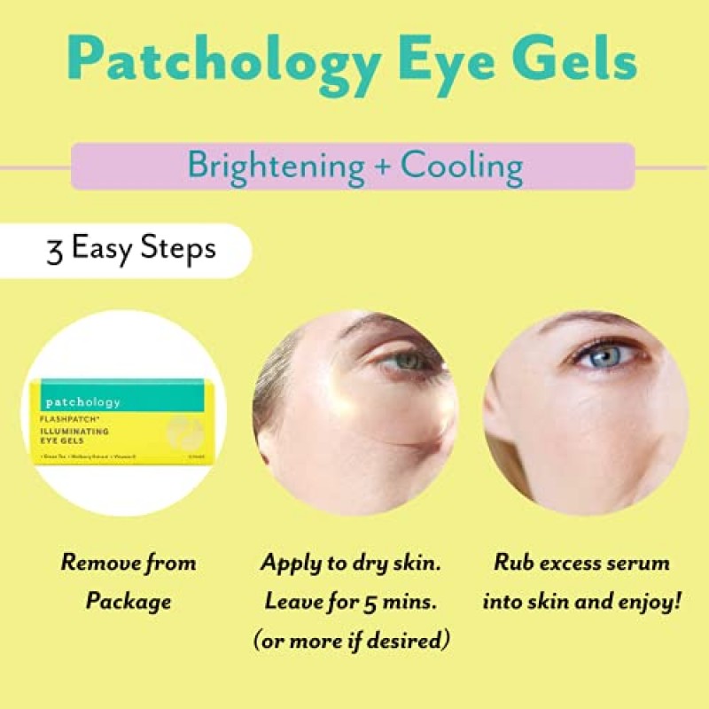 Patchology FlashPatch 일루미네이팅 아이 젤, 다크서클을 위한 눈 아래 활력 패치, 부은 눈을 위한 냉각 눈 패치, 눈 아래 마스크, 15쌍으로 제공되는 뷰티 & 퍼스널 케어 패키지