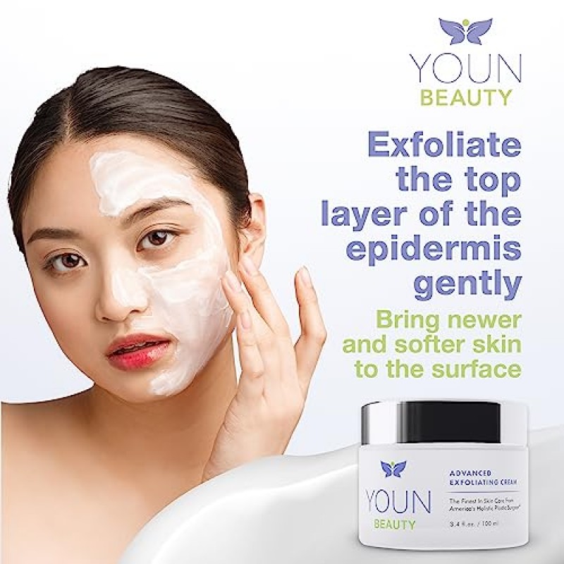 YOUN Beauty 어드밴스드 엑스폴리에이팅 페이스 크림, 100ml(3.4Oz) – 시어 버터, 비타민 E, 호호바 오일, 포도씨 오일이 함유되어 더 부드럽고 매끈한 피부를 위한 파라벤 프리 & 동물 실험이 없는 부드러운 페이셜 엑스폴리에이터