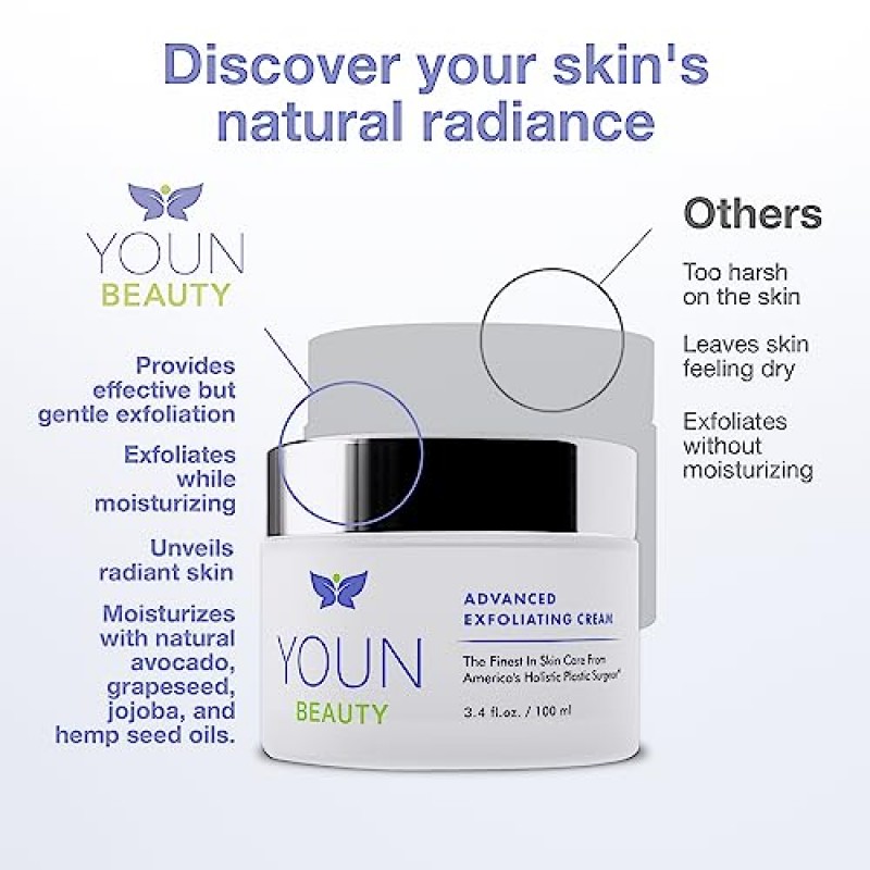 YOUN Beauty 어드밴스드 엑스폴리에이팅 페이스 크림, 100ml(3.4Oz) – 시어 버터, 비타민 E, 호호바 오일, 포도씨 오일이 함유되어 더 부드럽고 매끈한 피부를 위한 파라벤 프리 & 동물 실험이 없는 부드러운 페이셜 엑스폴리에이터