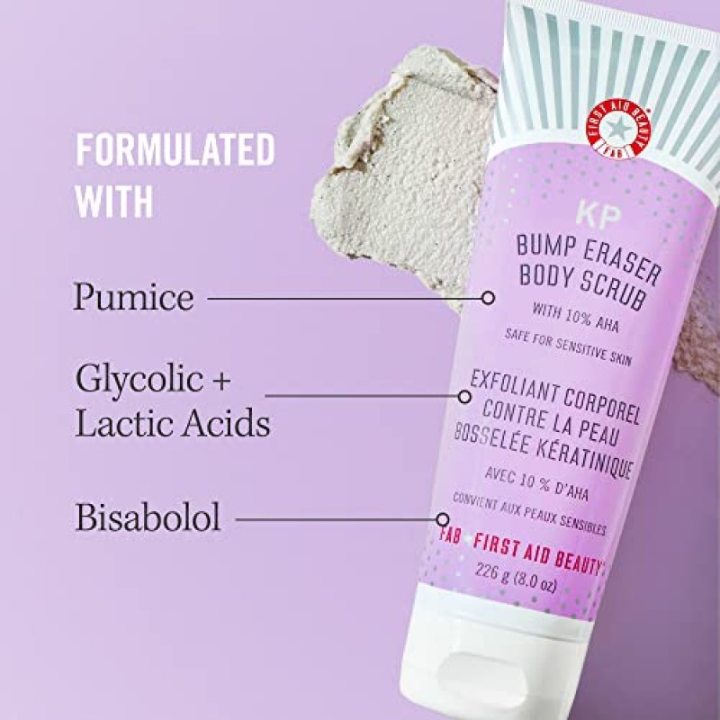 First Aid Beauty Bye Bye Bumps 키트 – 각질 제거 즐겨찾기 3개 – 10% AHA 함유 KP 범프 이레이저 바디 스크럽, 4온스, KP 스무딩 바디 로션, 1온스, 인그로운 헤어 패드, 28개