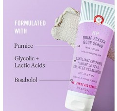 First Aid Beauty Bye Bye Bumps 키트 – 각질 제거 즐겨찾기 3개 – 10% AHA 함유 KP 범프 이레이저 바디 스크럽, 4온스, KP 스무딩 바디 로션, 1온스, 인그로운 헤어 패드, 28개