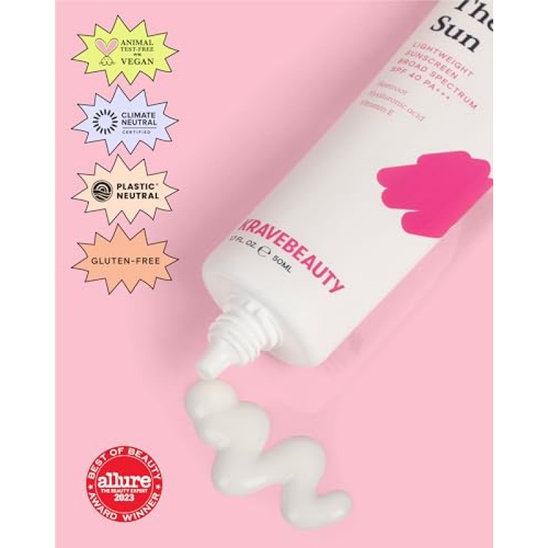 KraveBeauty Beet The Sun SPF 40 PA+++ 넓은 스펙트럼 매일 끈적임 없는 경량 화학 자외선 차단제, 흰색 캐스트 없음, 보풀 없음, 모든 피부 유형용, 비건 및 동물 실험 없음, 1.7 fl oz