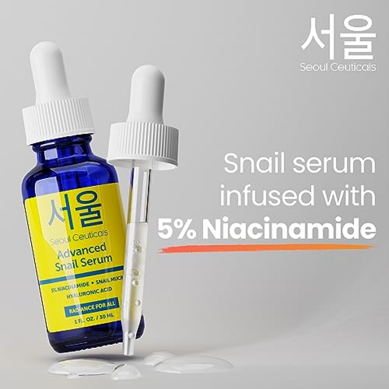 SEOULCeuticals 한국 5% 나이아신아미드 + 달팽이 뮤신 97.5% 에센스 세럼 + 히알루론산, 크루얼티 프리 한국 스킨 케어, 칙칙한 피부를 위한 천연 및 유기농 안티 에이징 페이스 세럼, K 뷰티 1온스