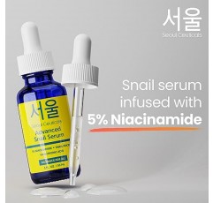 SEOULCeuticals 한국 5% 나이아신아미드 + 달팽이 뮤신 97.5% 에센스 세럼 + 히알루론산, 크루얼티 프리 한국 스킨 케어, 칙칙한 피부를 위한 천연 및 유기농 안티 에이징 페이스 세럼, K 뷰티 1온스