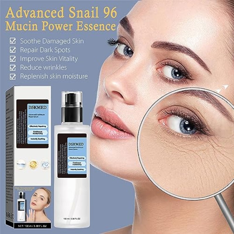 DSKMED 달팽이 뮤신 96% 파워 리페어링 에센스 3.38 fl.oz,100ml, 달팽이 점액 여과물이 함유되어 칙칙하고 손상된 피부를 위한 수분 공급 세럼, 주름 감소, 파라벤 없음, 한국 스킨케어(1PCS)