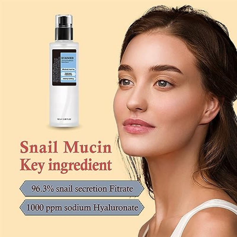 DSKMED 달팽이 뮤신 96% 파워 리페어링 에센스 3.38 fl.oz,100ml, 달팽이 점액 여과물이 함유되어 칙칙하고 손상된 피부를 위한 수분 공급 세럼, 주름 감소, 파라벤 없음, 한국 스킨케어(1PCS)