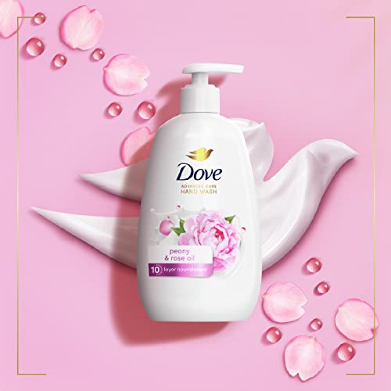 Dove Advanced Care 핸드 워시 피오니 앤 로즈 오일 4개로 부드럽고 매끄러운 피부를 선사하며, 주요 일반 핸드 비누보다 더 많은 보습 성분, 12온스