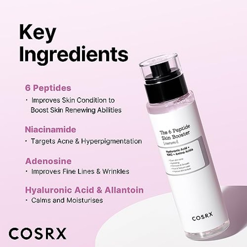 COSRX 6X 펩타이드 콜라겐 부스터 토너 세럼 150mL/5.07 Fl.Oz, 스킨 리뉴얼 부스팅 페이셜 에센스, 모든 피부 타입을 위한 나이아신아마이드 & 히알루론산, 한국 스킨케어, 파라벤 프리