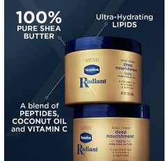 Vaseline Radiant X Deep Nourishment 바디 크림 100% 순수 시어 버터, 코코넛 오일, 비타민 C 및 펩타이드, 10 OZ