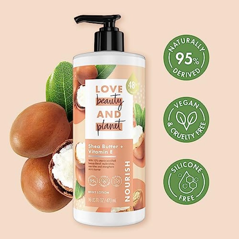 Love Beauty And Planet Lotion - 모이스처라이징 시어 버터 및 비타민 E 로션, 여성용 천연 바디 로션, 샌달우드 향이 나는 너리싱 바디 모이스처라이저 스킨 케어, 16 Fl Oz (2팩)