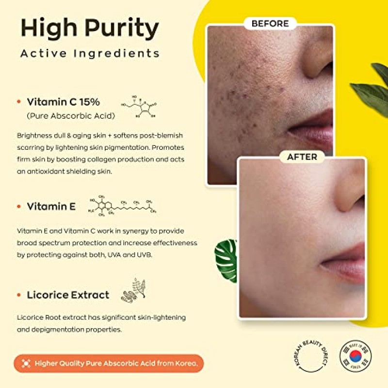 K BEAUTY 비타민 세럼 스틱 밤(얼굴 잡티, 여드름 흉터, 노화 방지) - 비타민 C 15% + 비타민 E + 감초 추출물, 한국 밤 오일 항산화제, 피부 미백, 미백, 재생 및 회복 (MADE IN KOREA)
