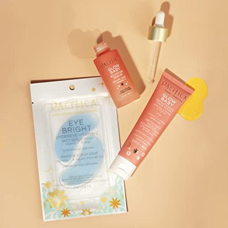 퍼시피카 뷰티 | 글로우 베이비 비타민 C 체험판 + Value Kit | 3피스 스킨 케어 선물 세트 | 여행 친화적 | 브라이트닝 페이스 세럼, 세안/클렌저, 눈 밑 패치 | 글리콜산, AHA | 비건