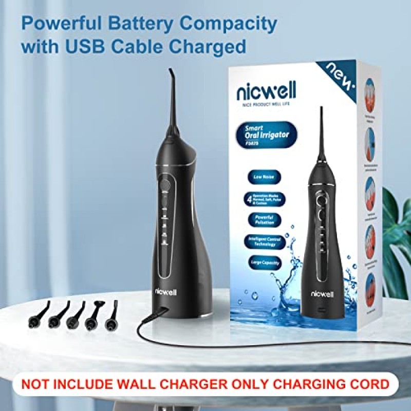 Nicwell Water 치과 Flosser 치아 선택 - 4가지 모드 치과용 구강 세정기, 휴대용 및 충전식 IPX7 방수 개인 교정 치과 공급 물 치아 클리너 홈 여행용 추천