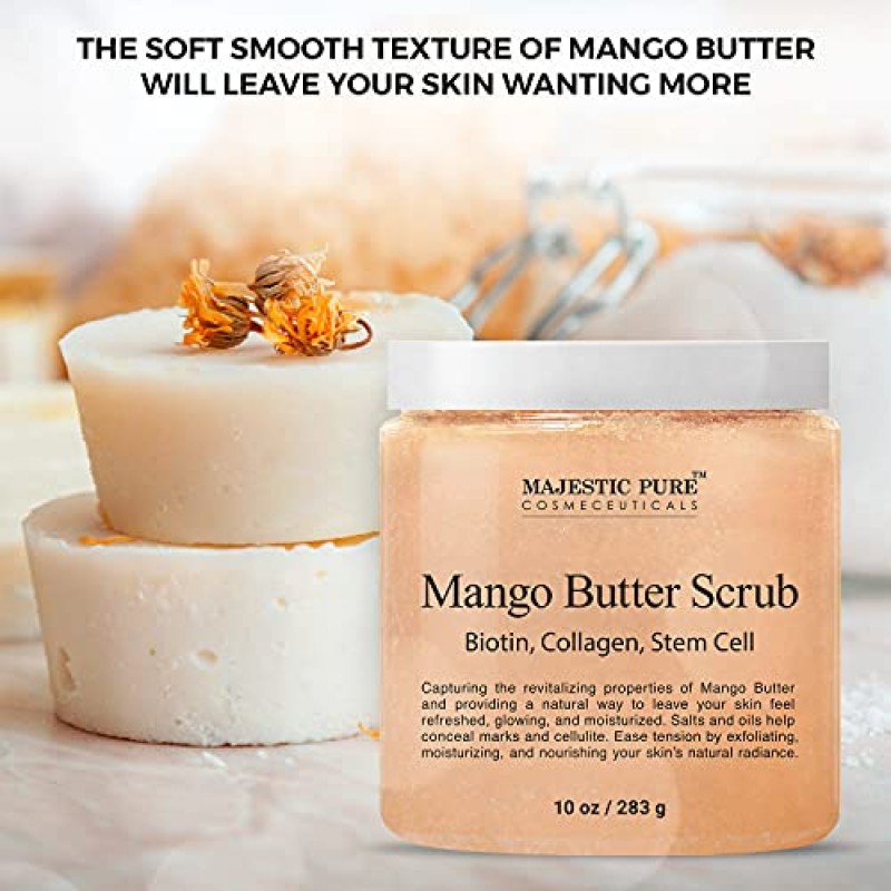 Majestic Pure Mango Butter 바디 스크럽 - 비오틴, 콜라겐, 줄기 세포 함유 - 피부 각질 제거 및 보습을 위한 각질 제거 솔트 스크럽 - 딥 스킨 클렌저 - 남성 및 여성을 위한 천연 스킨 케어 - 10온스