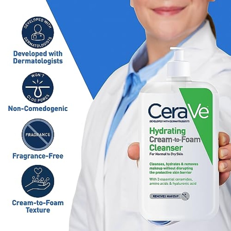 CeraVe 하이드레이팅 크림 투 폼 클렌저 | 히알루론산 함유 메이크업 리무버 및 세안제 | 무향 논코메도제닉 | 19 액량 온스