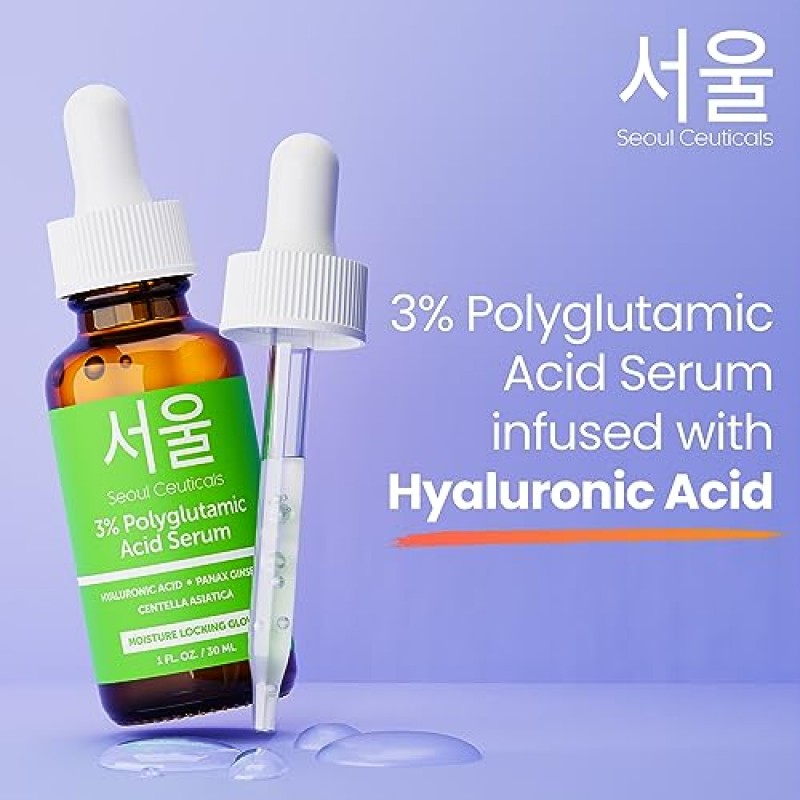 SEOULCeuticals 3% 폴리글루탐산 페이스 세럼 - 한국 스킨 케어 PGA + 히알루론산 + 센텔라 아시아티카 for K 뷰티 안티 에이징 - 모이스처 록킹 글로우 1온스