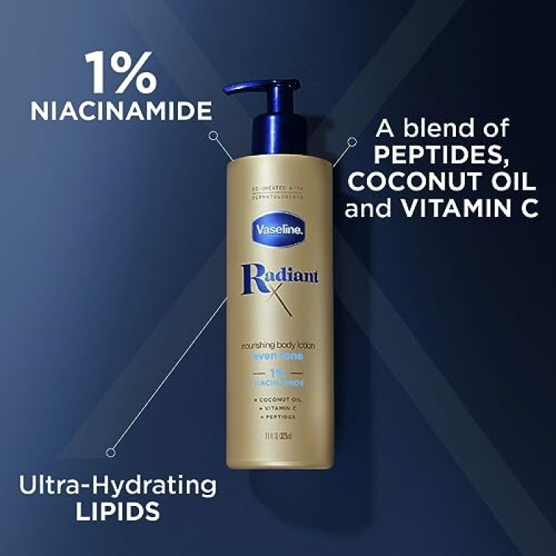 Vaseline Radiant X 이븐 톤 너리싱 바디 로션, 1% 니아신아마이드, 코코넛 오일, 비타민 C 및 펩타이드 함유, 11 FL OZ