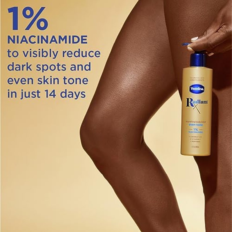 Vaseline Radiant X 이븐 톤 너리싱 바디 로션, 1% 니아신아마이드, 코코넛 오일, 비타민 C 및 펩타이드 함유, 11 FL OZ