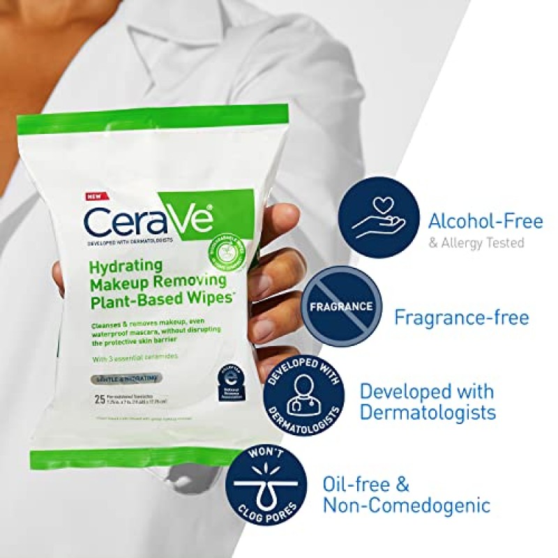 CeraVe 하이드레이팅 페이셜 클렌징 메이크업 리무버 물티슈| 식물 기반 얼굴 물티슈| 가정용 퇴비에서 생분해성| 세안 천| 민감한 피부에 적합| 무향 논코메도제닉| 25개