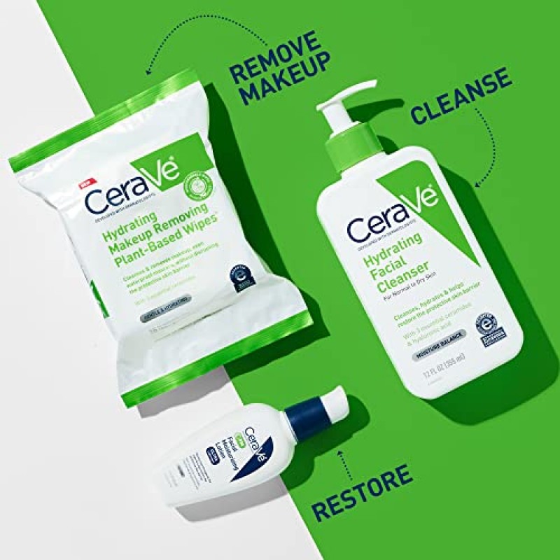 CeraVe 하이드레이팅 페이셜 클렌징 메이크업 리무버 물티슈| 식물 기반 얼굴 물티슈| 가정용 퇴비에서 생분해성| 세안 천| 민감한 피부에 적합| 무향 논코메도제닉| 25개
