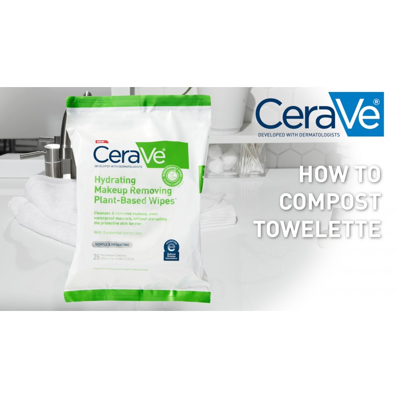 CeraVe 하이드레이팅 페이셜 클렌징 메이크업 리무버 물티슈| 식물 기반 얼굴 물티슈| 가정용 퇴비에서 생분해성| 세안 천| 민감한 피부에 적합| 무향 논코메도제닉| 25개