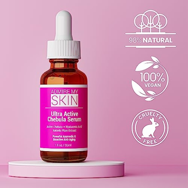 Admire My Skin Chebula 액티브 세럼 포 페이스 - 강력한 안티 에이징 천연 스킨케어, 히알루론산 + 카카두 플럼이 피부를 탱탱하게 하고 칙칙한 노화를 최소화하여 건강하고 젊게 빛나는 광채 1온스
