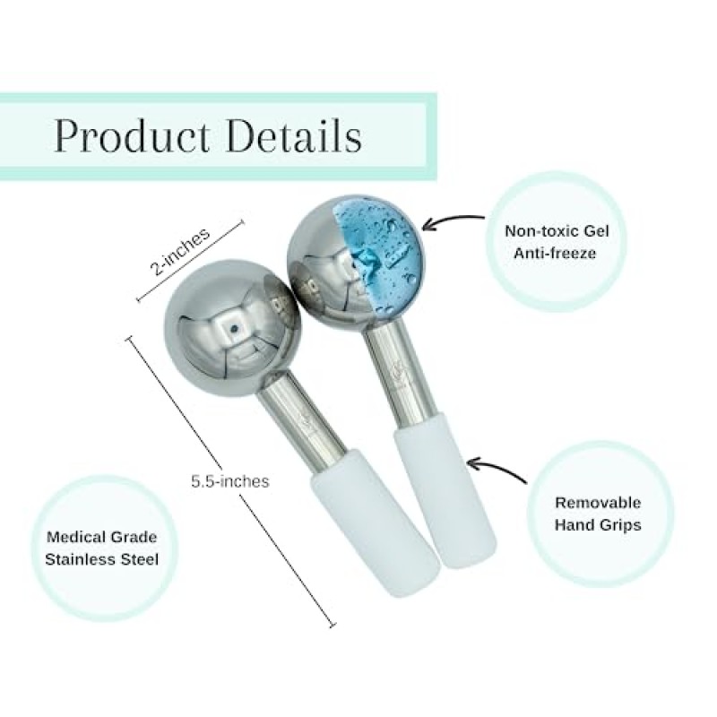 Joone Co. 얼굴용 깨지지 않는 아이스 글로브 | 당신의 얼굴을 위한 스테인레스 스틸 아이스 글로브 | 페이셜 아이스 글로브 2개 | 아이스 페이스 롤러 | 얼굴과 눈의 붓기를 위한 아이스 롤러 | 페이셜 아이스 롤러