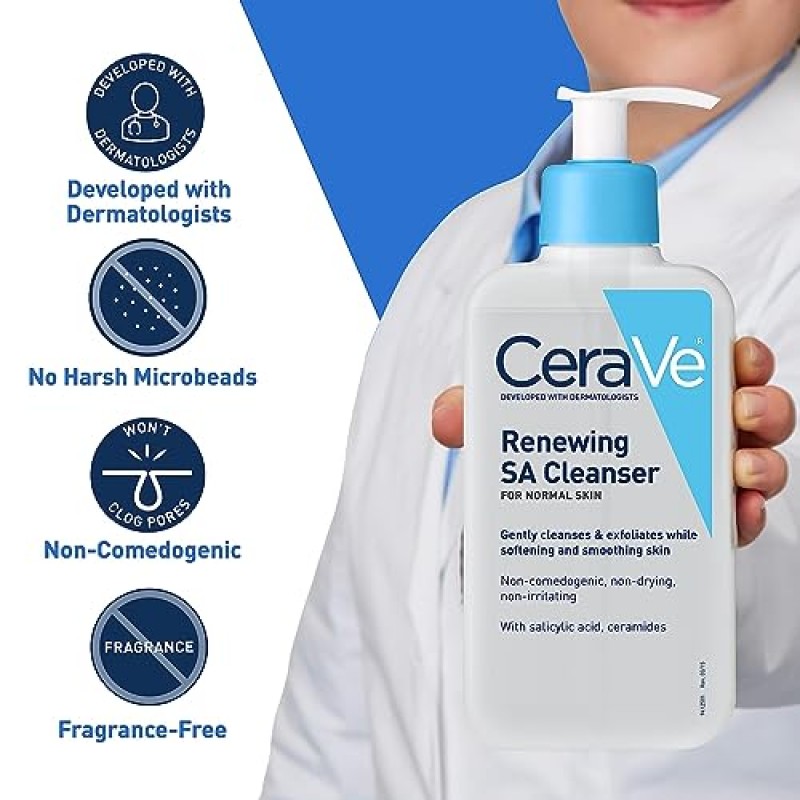 CeraVe SA 클렌저 | 히알루론산, 나이아신아미드, 세라마이드가 함유된 살리실산 클렌저| BHA 각질 제거제 | 무향 논코메도제닉 | 16 온스