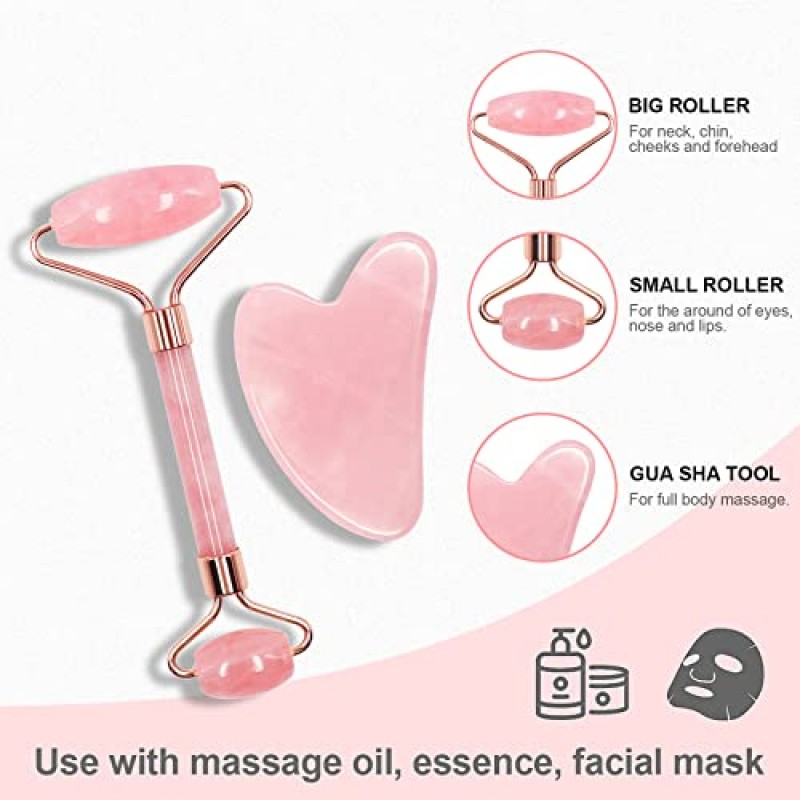 ZUKIMM 로즈 쿼츠 페이스 롤러, 구아샤 페이셜 도구, 천연 뷰티 스킨 케어 및 조각 세트, 붓기를 줄이고 목과 눈의 주름을 개선하는 페이셜 마사지 - 핑크