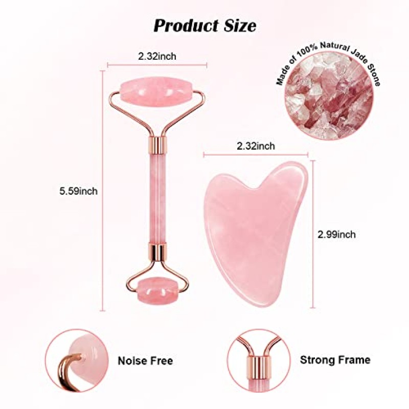 ZUKIMM 로즈 쿼츠 페이스 롤러, 구아샤 페이셜 도구, 천연 뷰티 스킨 케어 및 조각 세트, 붓기를 줄이고 목과 눈의 주름을 개선하는 페이셜 마사지 - 핑크