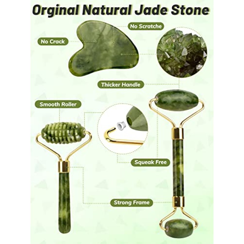 Deciniee Jade Roller 및 Gua Sha 세트 - 안티 에이징 페이스 롤러 마사지기 및 Gua Sha 눈, 목용 페이셜 도구 - 천연 Guasha 페이셜 롤러 스킨 케어 도구 바디 머슬 릴랙싱 주름 완화 - 청록색