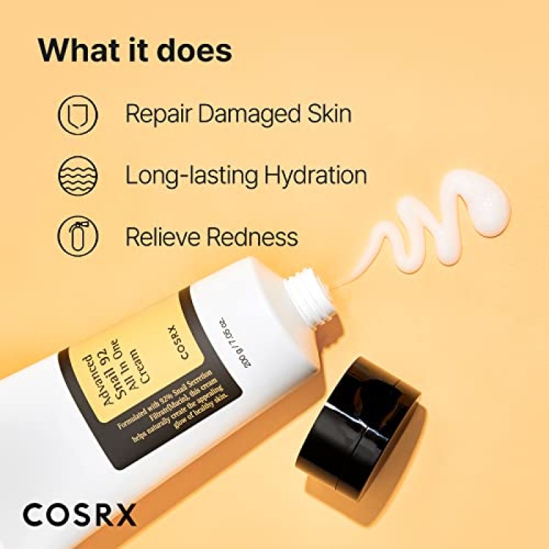 COSRX 달팽이 뮤신 92% 리페어 크림 7.05온스, 건성 피부, 여드름이 발생하기 쉬운 민감성 피부용 데일리 페이스 젤 모이스처라이저, 동물 테스트 안 함, 파라벤 없음, 황산염 없음, 프탈레이트 없음, 한국 스킨케어(대형, 7.05온스)
