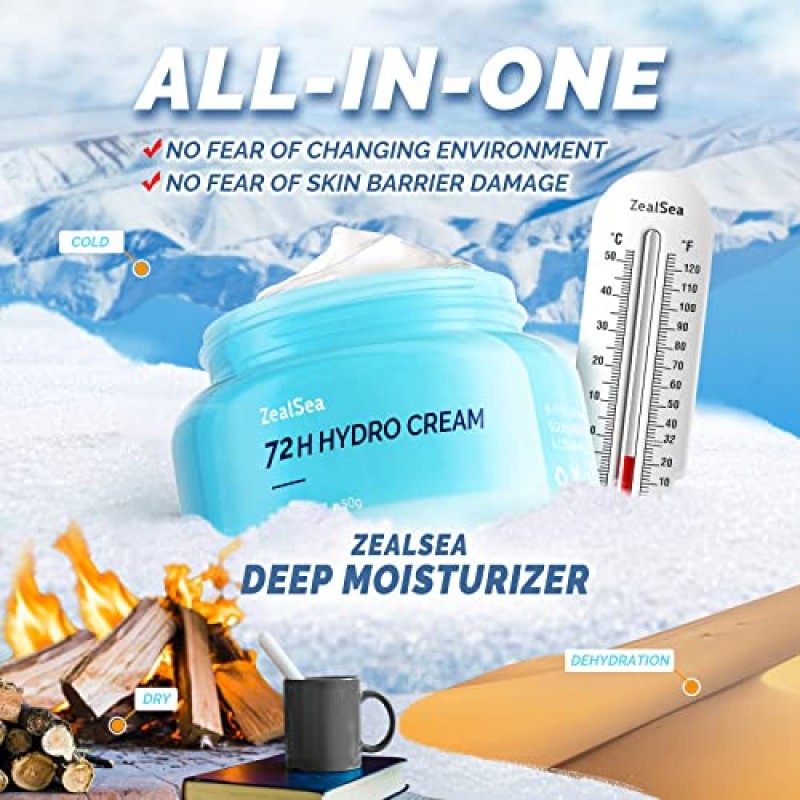 ZealSea 페이스 모이스처라이저 히알루론산 하이드레이팅 데이 앤 나이트 크림 안티에이징 목 및 가슴 크림(세라마이드 포함)으로 수분을 공급하고 건조하고 민감한 피부를 부드럽게 해줍니다. 무향 1.75온스