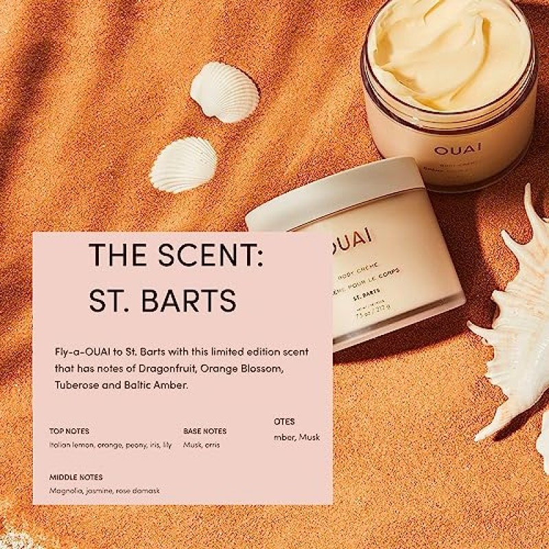 OUAI Body Creme, St. Barts - 슈퍼 하이드레이팅 휘핑 바디 크림 - 쿠푸아쿠 버터, 코코넛 오일 및 스쿠알렌 피부를 부드럽게 하여 건강한 윤기를 선사 - 용과, 오렌지 및 앰버 향 - 7.5 fl oz