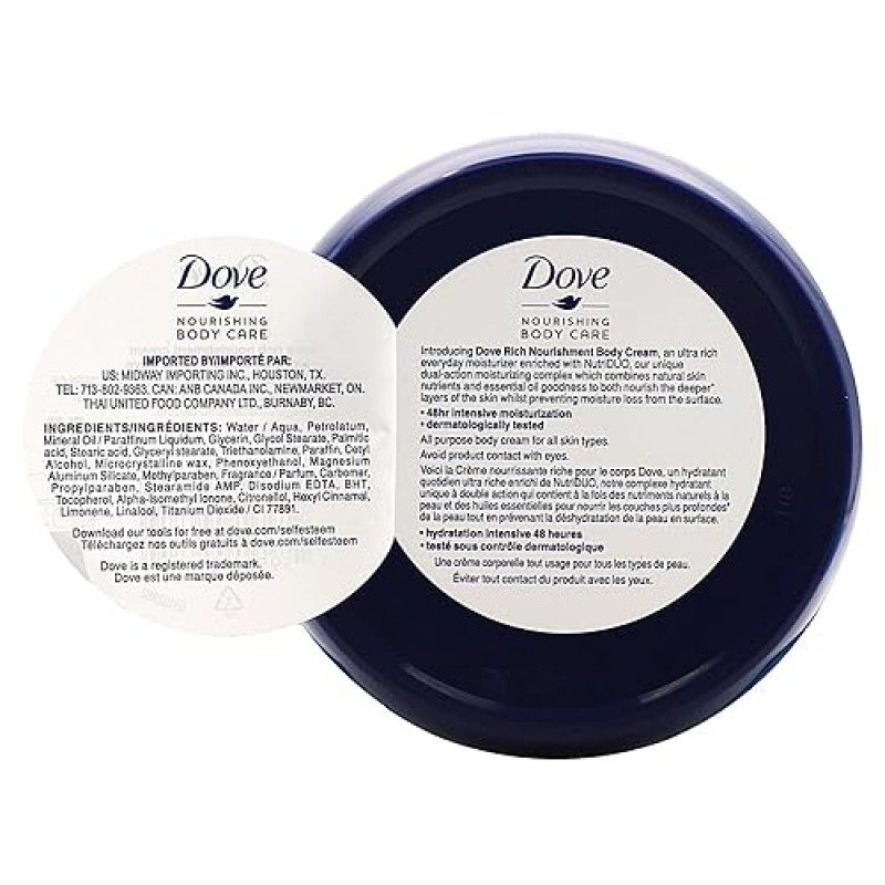 Dove 너리싱 바디 케어, 얼굴, 손, 몸에 매우 건조한 피부를 위한 리치 너리싱 크림, 48시간 보습, 6팩, 병당 5.07온스