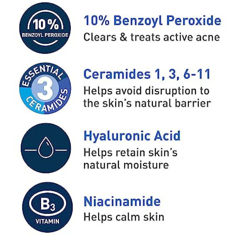 CeraVe 아크네 포밍 크림 워시 | 벤조일 퍼옥사이드 10% 최대 강도를 함유한 얼굴 및 몸 여드름 워시 | 무향료 | 5온스
