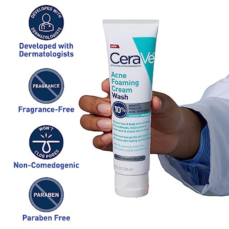 CeraVe 아크네 포밍 크림 워시 | 벤조일 퍼옥사이드 10% 최대 강도를 함유한 얼굴 및 몸 여드름 워시 | 무향료 | 5온스