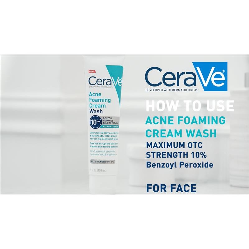 CeraVe 아크네 포밍 크림 워시 | 벤조일 퍼옥사이드 10% 최대 강도를 함유한 얼굴 및 몸 여드름 워시 | 무향료 | 5온스
