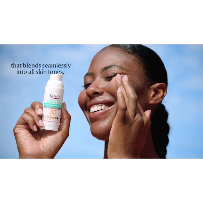 Eucerin Sun Tinted 미네랄 페이스 선스크린 로션 SPF 35, 민감성 피부를 위한 순한 산화아연 보호 기능을 갖춘 논코메도제닉 미네랄 선스크린, 1.7 Fl Oz 병