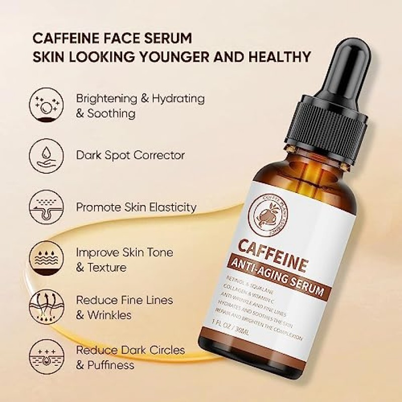 카페인 페이스 세럼 & 언더 아이 세럼, 비타민 C, 콜라겐, 히알루론산, 퍼밍 & 하이드레이팅 & 브라이트닝 페이스 세럼이 함유된 안티 에이징 페이스 세럼 주름, 잔주름 및 다크 스팟 감소 - 30ml