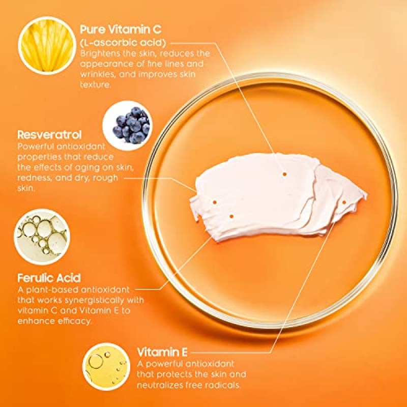 SKINWORKS ULTRA POTENT 30% 얼굴용 비타민 C 세럼, 브라이트닝, 다크 스팟, 주름 방지, 노화 방지, 무향을 위한 비타민 E 페룰산 페이셜 글로우 세럼, 30 캡슐