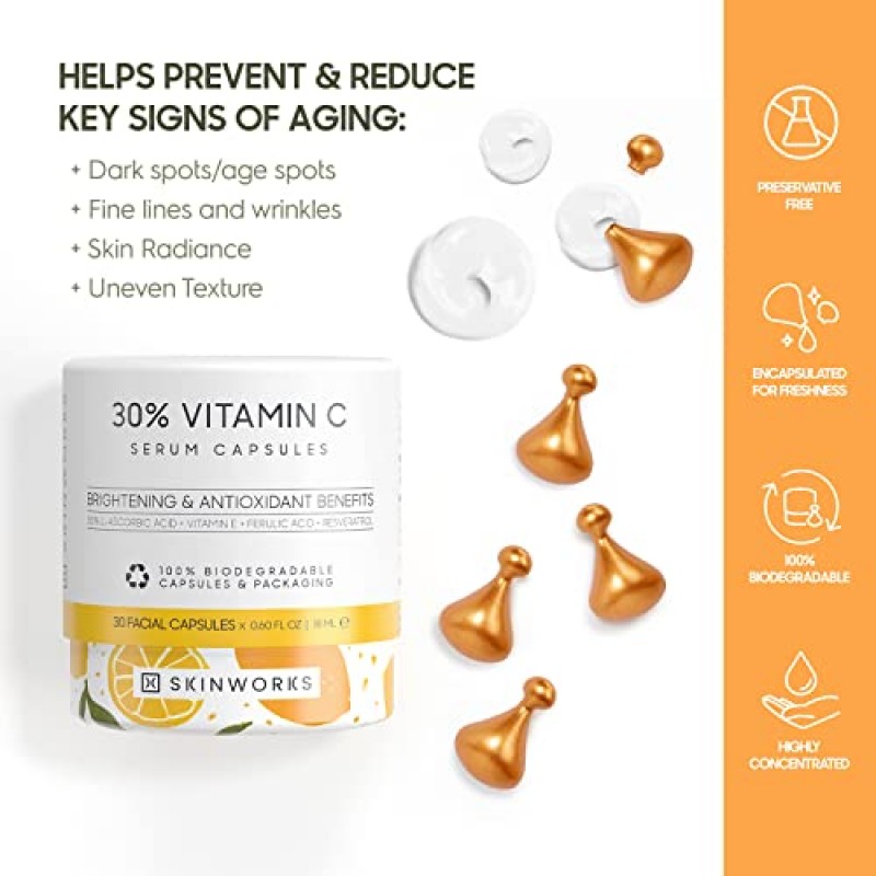 SKINWORKS ULTRA POTENT 30% 얼굴용 비타민 C 세럼, 브라이트닝, 다크 스팟, 주름 방지, 노화 방지, 무향을 위한 비타민 E 페룰산 페이셜 글로우 세럼, 30 캡슐