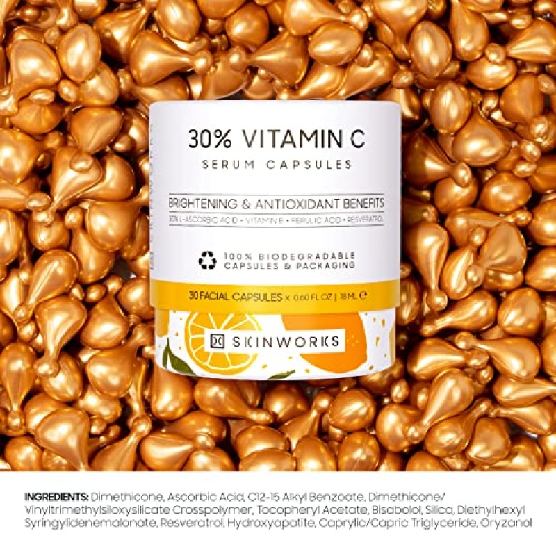 SKINWORKS ULTRA POTENT 30% 얼굴용 비타민 C 세럼, 브라이트닝, 다크 스팟, 주름 방지, 노화 방지, 무향을 위한 비타민 E 페룰산 페이셜 글로우 세럼, 30 캡슐